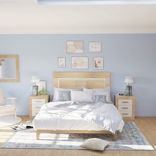 Imagen elegancia y funcionalidad con la mesilla de dormitorio kira en color cambria y blanco